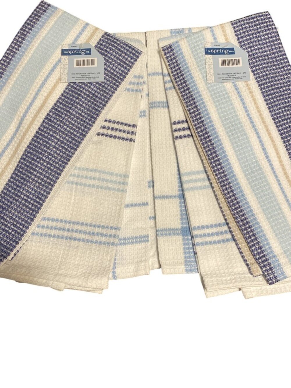 LOT of 6 Kitchen Dish Hand Towels Men's Guy's Boy's Blue Tan Stripe Waffle Set